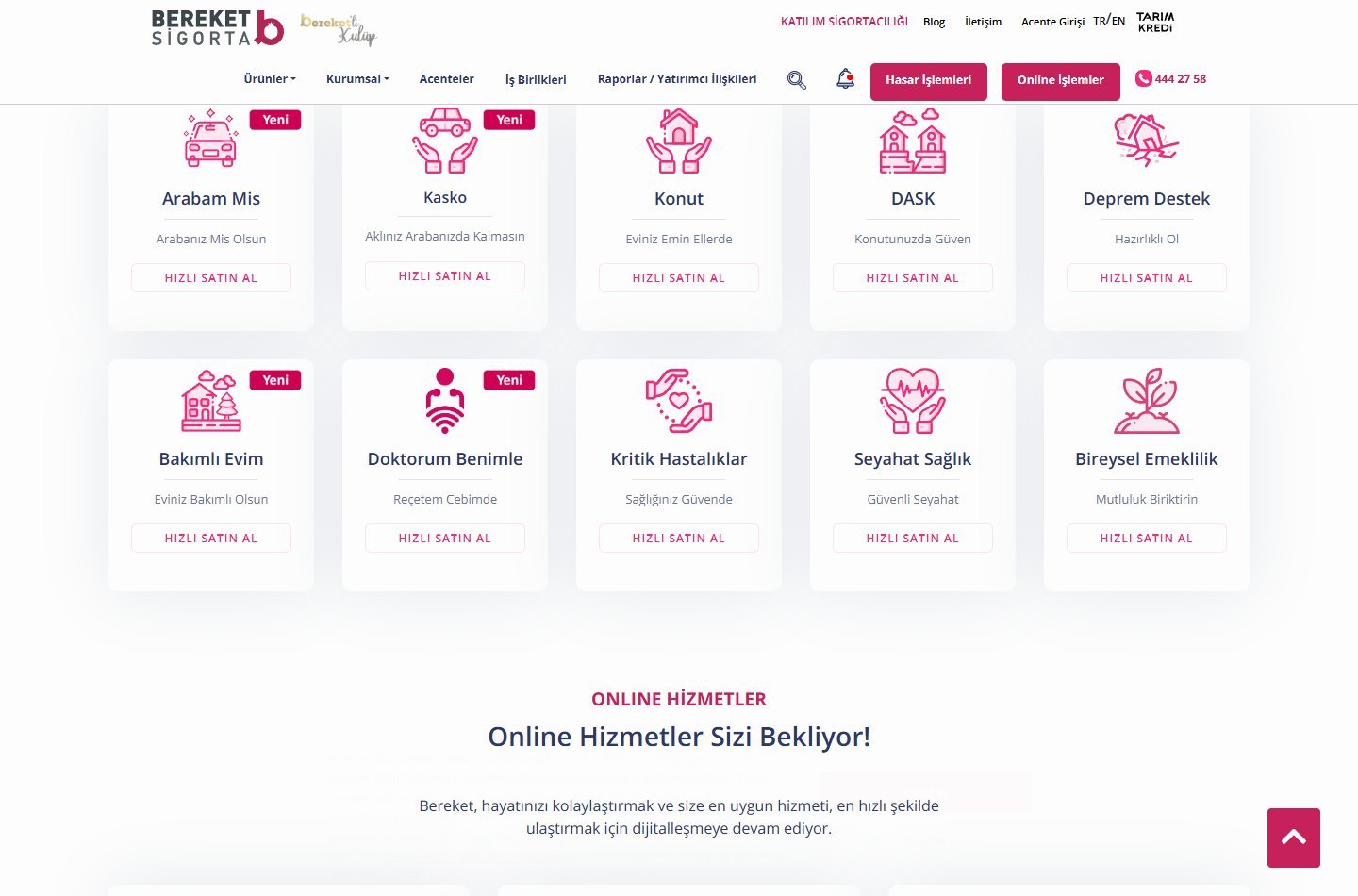 Bereket Sigorta resmi web sitesinden ikinci görünüm